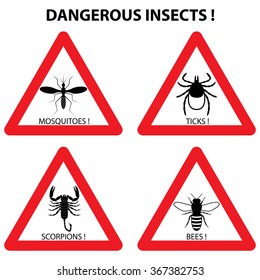 Dangerous insects warning signs set: ticks, mosquitoes, bees, scorpions. Vector illustration. Bugs and parasite icons  in red triangle. Stop hazards symbols.