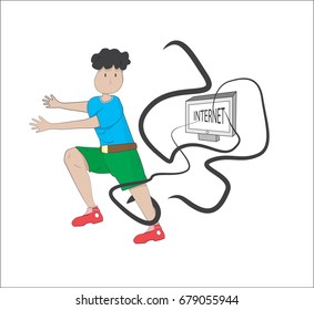 Dangerous Internet, the Internet and children, rules of conduct in the network,The boy runs away from the tentacles from the monitor,Vector image, flat design