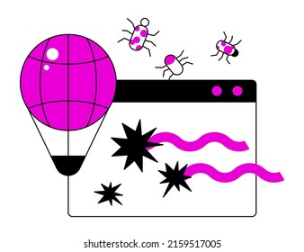 Conexión peligrosa a Internet - colorida ilustración de diseño plano con elementos lineales. Una composición de color púrpura con la ventana del navegador, la web global y virus de fallos. Hackeando la idea del sistema