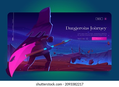 Dangerous journey cartoon landing page, wizard with glowing spear stand at night mountain landscape with suspended bridge under starry sky, magic fantasy game with knight or ranger, Vector web banner