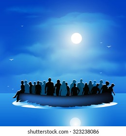 Dangerous journey refugees risking lives to find new life. Vector illustration