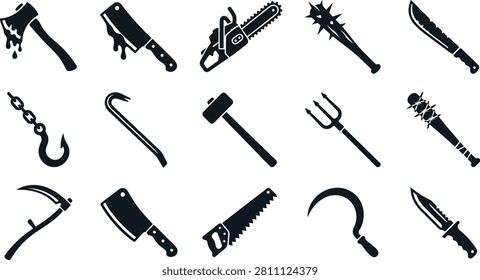 Dangerous killer weapon collection spooky blade tool set isolated.