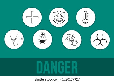 Dangerous line icon set on theme coronovirus. Beautiful icons on the theme of coronavirus. Vector graphics. EPS 10