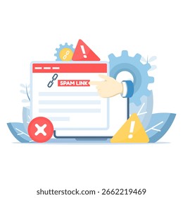 Conceito de link perigoso. Aviso de link de spam com endereços de URL perigosos, suspeitos e de cadeia quebrada. Aviso de link de phishing. Perigos de SEO de táticas de links de spam e links de spam.