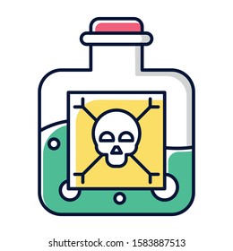 Dangerous liquid color icon. Highly hazardous chemicals. Green poison in bottle. Organic chemistry. Poisonous and harmful substance. Skull bones label. Isolated vector illustration