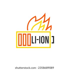 Dangerous lithium-ion batteries. Over-charging risk. Spontaneous combustion. Linear symbol, sign, graphic element. Editable vector illustration in yellow and red colors isolated on a white background