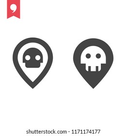 Dangerous location vector icon, skeleton   and pin symbol