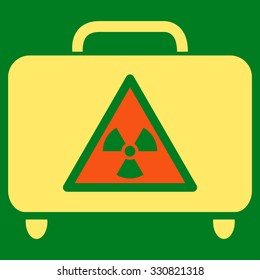 Dangerous Luggage vector icon. Style is flat bicolor orange and yellow symbol, rounded angles, green background.