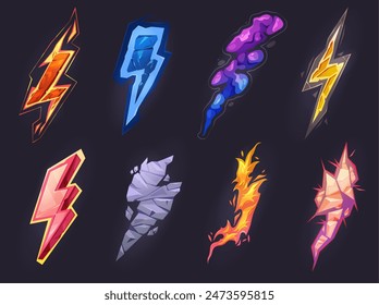 Dangerous magical power, isolated set of cartoon lightning or thunder bolt arrows with flames, stone and ice texture. Vector game assets or anime effects for motion and dynamism, thunderstorm