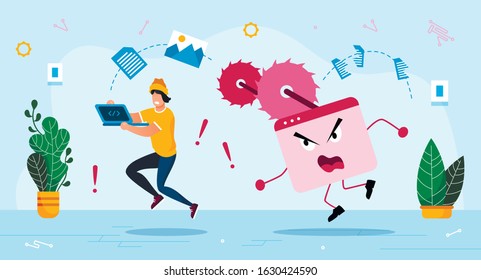 Dangerous Malware Software Threat, Online Security Trendy Flat Vector Concept. Man with Laptop Running Out, Trying Rescue Files and Information, Escaping from Aggressive Computer Virus Illustration
