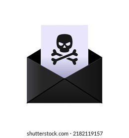 Dangerous malware virus 3d email black envelope with attached file with skull and bones symbol vector illustration