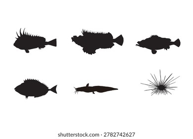 Dangerous Marine Creatures Silhouette Set Ocean Wildlife Collection