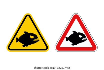 Dangerous marine predator. Attention of  Piranha. Hazard symbols. Set of labels for beach of sea and ocean.