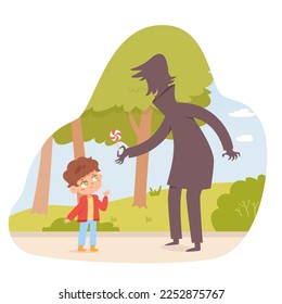 Dangerous meeting between baby boy and stranger vector illustration. Cartoon suspicious man giving candy to little kid on road walk in summer park, risk and danger of kidnapping preschool child