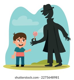 Dangerous meeting between baby boy and stranger vector illustration. Cartoon suspicious man giving candy to little kid on road walk in summer park, risk and danger of kidnapping preschool child.