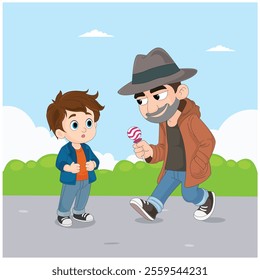 Dangerous meeting between baby boy and stranger vector illustration