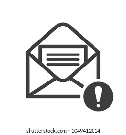 Dangerous message. Email error icon.Envelope icon with exclamation mark. Envelope icon and alert, error, alarm, danger symbol. Icon, letter, mail, warning, caution, danger, email, error, line