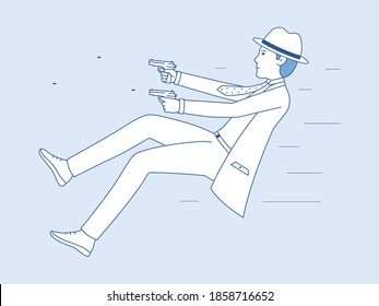 Una misión peligrosa de un agente encubierto. Imagen vectorial de un hombre disparando con pistolas. Arte de dibujos animados de detectives masculinos