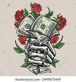 Dangerous money vintage element colorful with crumpled dollar bills in hand made of bones near elegant roses vector illustration