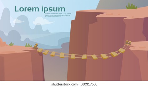 Dangerous Mountain Road Rope Bridge Risk Flat Vector Illustration