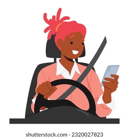 Gefährliches Multitasking, die Frau gefährdet ihre Sicherheit und die anderer, indem sie auf ihrem Handy während des Autofahrens spricht, eine gefährliche Ablenkung, die zu Unfällen Konzept führen kann. Vektorgrafik von Cartoon People