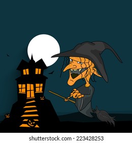 Dangerous night scene with a witch flying on horn broom with haunted house, flying bats; pumpkin and moon on blue background.