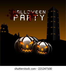 Dangerous night view with haunted house, building and scary faces of pumpkin.