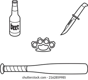 Dangerous objects - image of different objects, symbols of street violence. Bottle of beer, brass knuckles, knife, baseball bat.