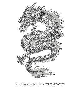 Dangerous oriental dragon logotype monochrome with flying snake with fiery mane and devil horns for samurai club advertising vector illustration