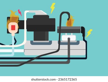 Dangerous! Overload electricity on steckers, may short circuit and fire. Cause Vector illustration. Safety poster.