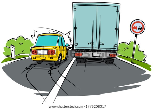 Dangerous Overtaking. Traffic violation.\
Cartoon Illustration