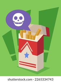 Dangerous pack of cigarettes vector illustration. Colorful package with human skull and exclamation marks on green background. No smoking sign. Campaign, healthcare, addiction concept