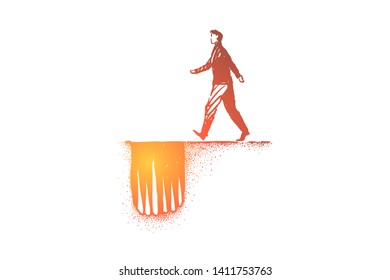 Dangerous path metaphor, man moving to hole trap with sharp spikes. Unsuspecting businessman moving to unforeseen troubles, problem disaster, life threat concept sketch. Hand drawn vector illustration