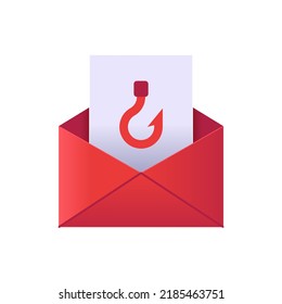 Dangerous phishing 3d email red envelope with attached file with hook sign vector illustration