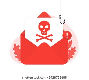Peligroso sobre rojo de correo electrónico de phishing 3d. Correo electrónico de phishing, ciberdelincuentes, hackers, correo electrónico de phishing para robar datos personales, malware, correo electrónico infectado. Ilustración de vector