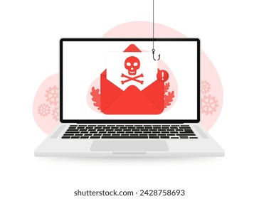 Dangerous phishing 3d email red envelope. Phishing email, cyber criminals, hackers, phishing email to steal personal data, hacked laptop, malware, infected email. Vector illustration