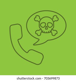 Dangerous phone call linear icon. Handset with skull and crossbones inside speech bubble. Thin line outline symbols on color background. Vector illustration
