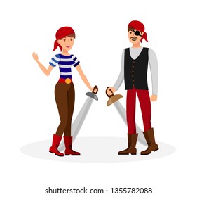 Dangerous Pirate Couple Flat Color Illustration. Young Woman in Striped T shirt and Man in Vest Cartoon Character. Guy with Eyepatch and Saber and Lady with Sword. Costume Party, Cosplay Models