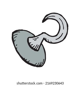 Dangerous pirate hook colored symbol hand made outline illustration. Prosthetic sailor arm single drawing detail. Captain hook made from steel, silhouette vector graphic.
