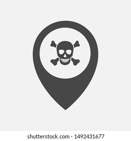 Dangerous place location icon concept. Danger zone icon concept. Skull & bone in location marker pin icon.