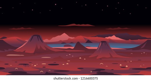 Dangerous planet with volcanoes landscape game background tileable horizontally, mountains and volcanoes on a deserted planet, futuristic deadly place at night with starry sky