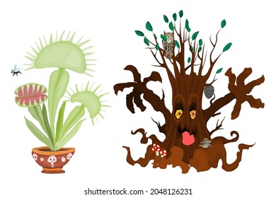 dangerous plants halloween party illustration. vector flat style