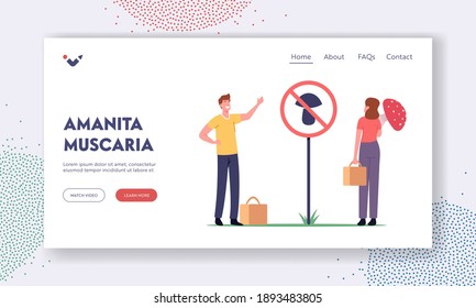 Dangerous Plants Landing Page Template. Professional Mushroomer Male Character Warn Amateur or Poisonous Mushrooms in Forest Stand near Sign with Toxic Fungus. Cartoon People Vector Illustration