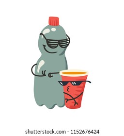 Dangerous plastic pollution bottle and cup recycling illustration with faces and hands hooligans and rappers recycable trash vector isolated on white