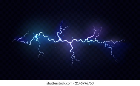 Dangerous and powerful electric lightning effect with neon, dark sky. Vector illustration, thunderbolt shining and glowing in evening. Storm and sparking flashlight, bright realistic blast