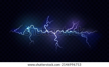 Dangerous and powerful electric lightning effect with neon, dark sky. Vector illustration, thunderbolt shining and glowing in evening. Storm and sparking flashlight, bright realistic blast