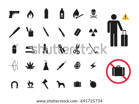 dangerous and prohibited item not allowed on flight icon set