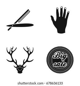 Dangerous razor, hand and other web icon in black style. deer antlers, big sale icons in set collection.