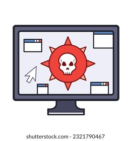 Dangerous red computer virus or bomb with skull and pop up windows colored vector icon outline isolated on square white background. Simple flat cartoon art styled drawing with cyber internet security.