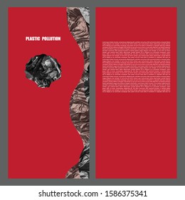 Dangerous red template. Seashell silhouette- black garbage bag's waves. Concept of saving the environment and plastic pollution of the world ocean